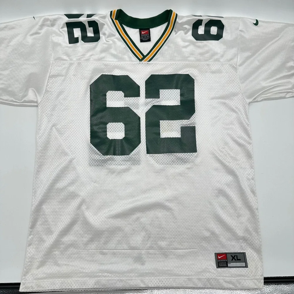 Nike Team Vintage Green Bay Packers Johnsen 62 Jersey White Mens XL FA00 Stains